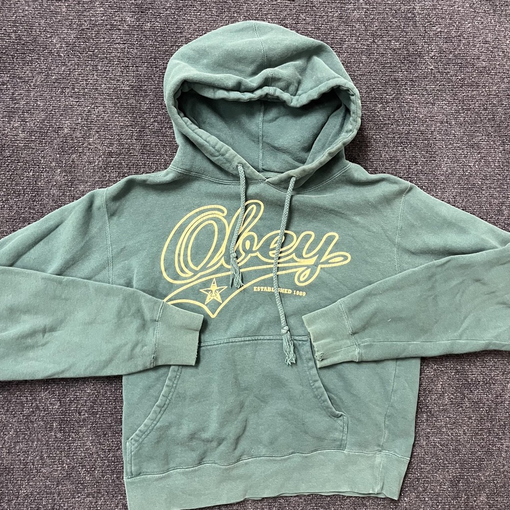 Obey Hoodie Mens Small Green 1989 Script Logo Pullover Fleece Sweatshirt